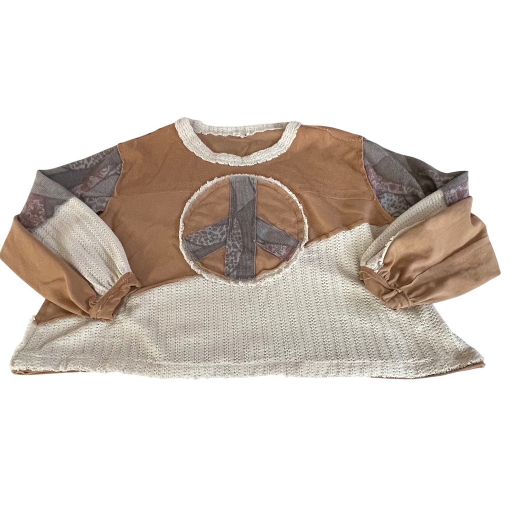 POL Patchwork Peace Sign Pullover in Tan, Cream, Gray